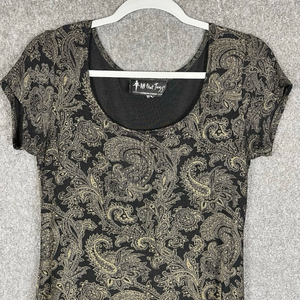 VTG All That Jazz Slinky Knit Black Gold Paisley Short Sleeve Shift Dress Size M - Picture 2 of 9